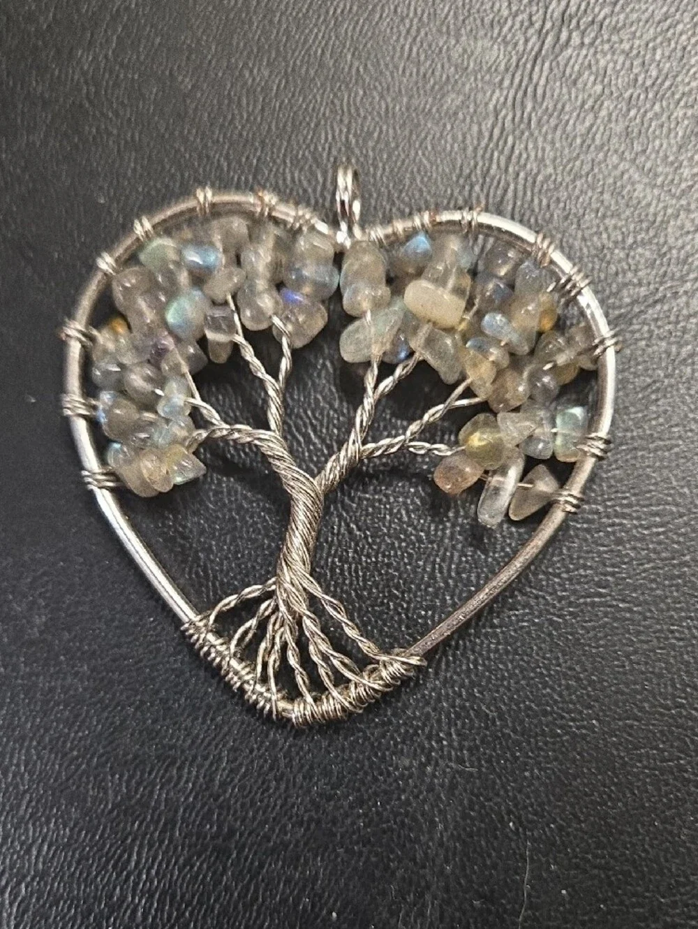 Silver Wire Tree of Life Heart Pendant with Gray Gemstones